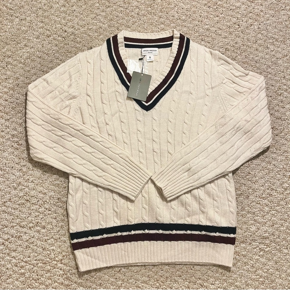 100% Merino Wool Cable Knit Cricket Stripe V-Neck Sweater - Cream NWT